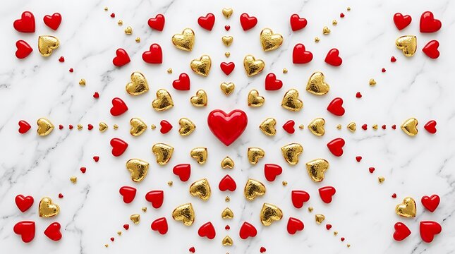 Symmetrical heart pattern with red and gold decorations on marble