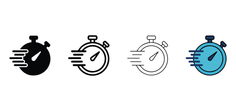 stopwatch icons with speed lines indicating fast motion  various design styles and colors for user interface elements