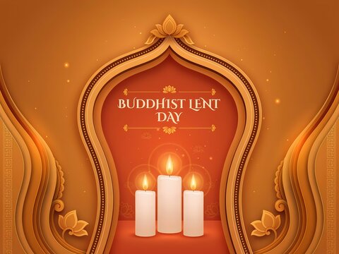 Buddhist lent day celebration background with candles and traditional golden arch frame