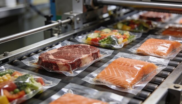A close-up shot of various vacuum-sealed fresh food products including raw beef, salmon fillets, and mixed vegetables, moving along a conveyor belt in a processing plant, highlighting industrial packa