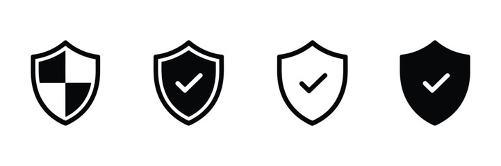 Shield check mark icon set, vector illustration featuring security shield protection symbols with tick mark, safety approval, verification, defense, and secure system concept design elements. ©    