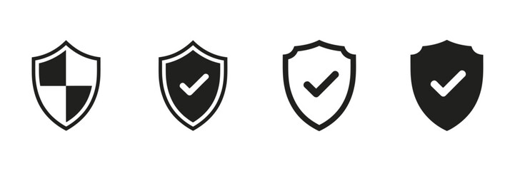Shield check mark icon set, vector illustration featuring security shield protection symbols with tick mark, safety approval, verification, defense, and secure system concept design elements. ©    
