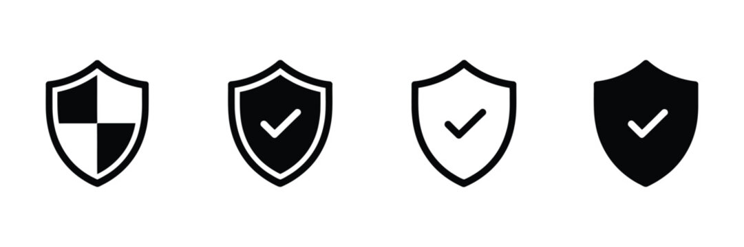 Shield check mark icon set, vector illustration featuring security shield protection symbols with tick mark, safety approval, verification, defense, and secure system concept design elements.