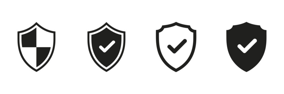 Shield check mark icon set, vector illustration featuring security shield protection symbols with tick mark, safety approval, verification, defense, and secure system concept design elements.