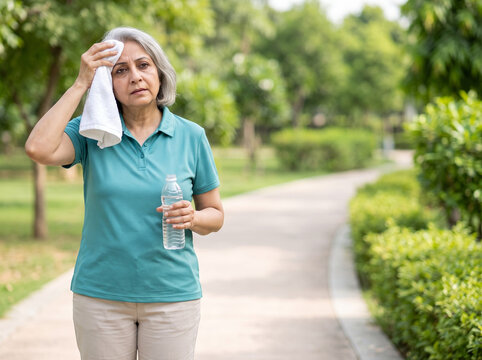 elderly indian woman experiencing summer heat and exhaustion in a park representing dehydration climate change hot weather senior health wellness and healthy aging awareness