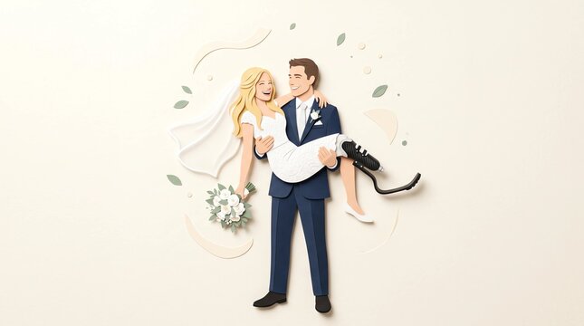 3D layered papercut illustration of a groom carrying his beautiful blonde bride with a running blade prosthetic leg on their wedding day
