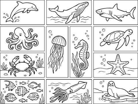 Set of hand-drawn marine animals coloring page illustration with sea creature, coloring book