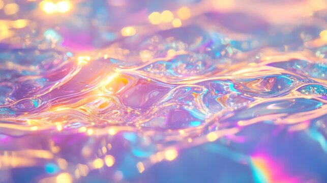 Macro view of glossy water waves with prismatic light reflections bubbles and soft shimmer creating abstract liquid texture for freshness luxury skincare wellness purity and peaceful background design