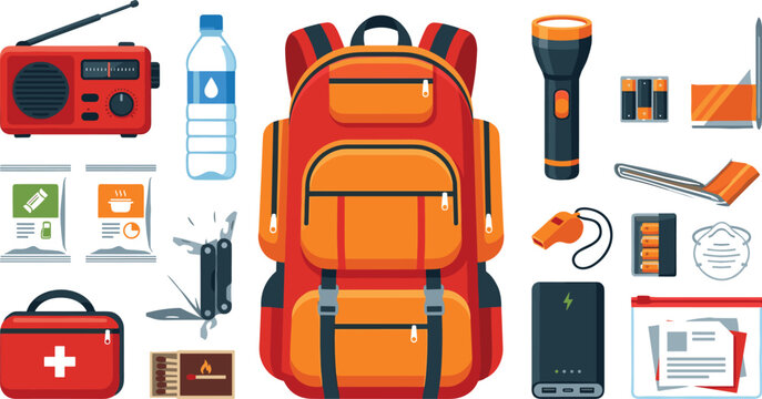 Emergency survival kit vector illustration with backpack radio and first aid gear for disaster preparedness infographics or safety marketing campaigns