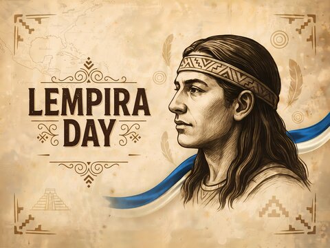 Lempira day illustration with portrait of the honduran indigenous leader and national hero on a vintage textured background