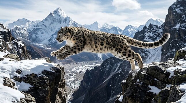 Snow leopard leaping between rocky cliffs in high altitude mountains