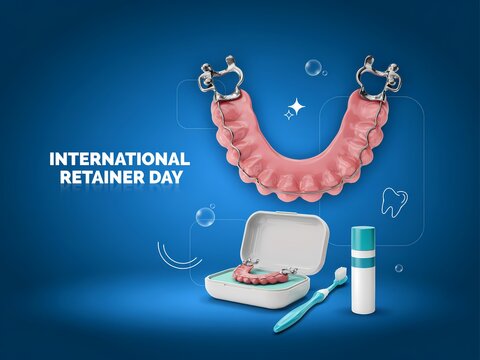 International retainer day concept with orthodontic retainer, case, toothbrush and cleaning spray on blue background