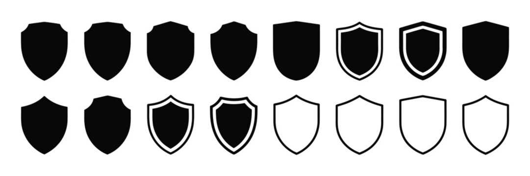 Shield icon set, vintage style vector illustration featuring protection security line icons, badge quality symbols, emblems, logos, and classic heraldic design elements.