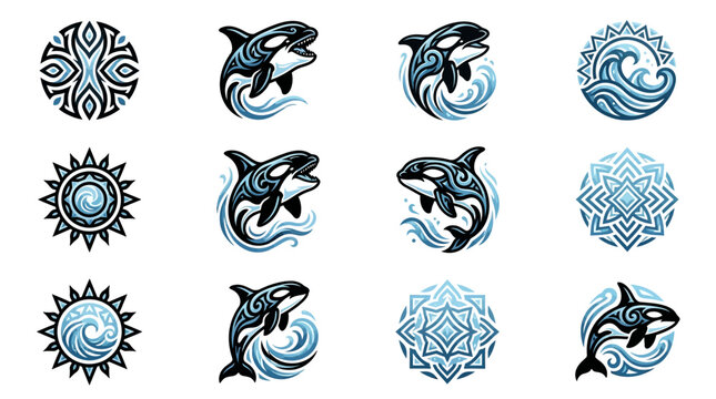 Blue orca whale and tribal sun geometric emblems.