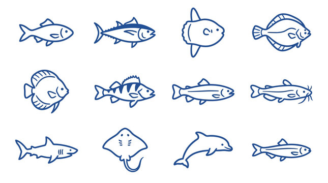 Blue outline fish and sea creature icon set.