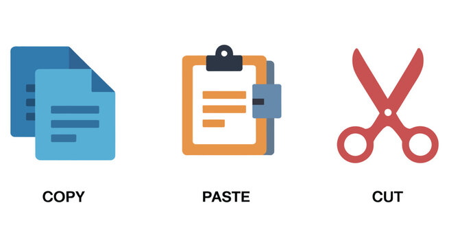 a set of three colored flat vector icons representing copy, paste, and cut functions in a modern design, editable ui symbols, digital workflow tools, clean interface elements
