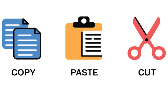 a set of three colored flat vector icons representing copy, paste, and cut functions in a modern design, editable ui symbols, digital workflow tools, clean interface elements