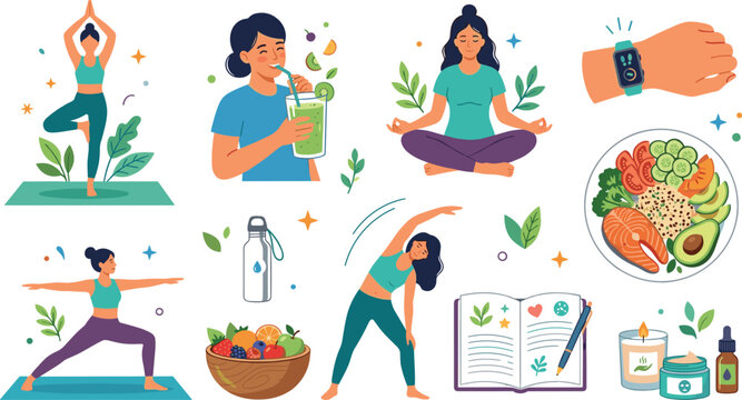 Healthy lifestyle vector illustration set with women practicing yoga, eating nutritious food, and tracking wellness for marketing and health campaigns