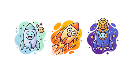 Rocket ship mascot set with cute cartoon spaceship characters launching and winning awards. © Nadir