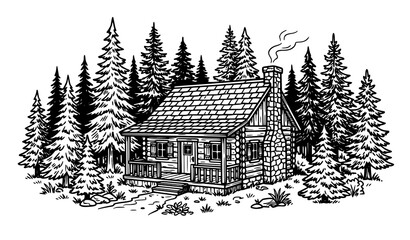 Naklejka premium Rustic Log Cabin with Evergreen Trees Black and White Hand Drawn Vector Illustration
