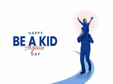 Happy be a kid again day with silhouette of a father carrying his child on shoulders isolated on white background