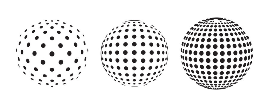 Vector set of black halftone spheres with varying dot densities and perspective distortion globe shapes.