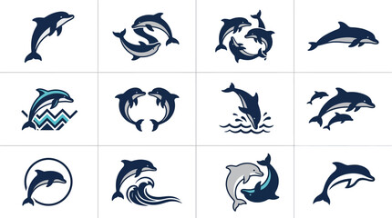 Blue dolphin silhouette and wave icon collection. © Agus