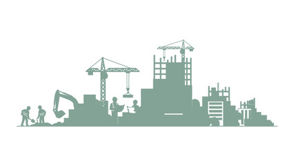 Obraz premium Construction Site Silhouette with Cranes Excavator and Workers Building Cityscape