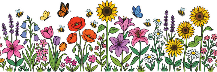 Fototapeta premium Vibrant garden scene with colorful flowers and pollinators