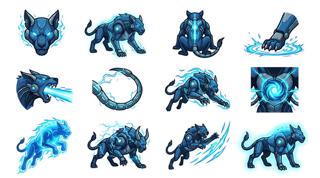 Blue electric feline and panther cyborg character icons.