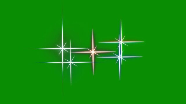 Shining optical flare twinkling stars, white cartoon glitter particle burst, magical starlight loop animation, elegant festive starry sky overlay on green screen background. 4K video asset template