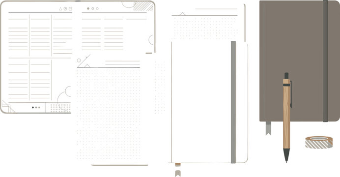 Minimalist bullet journal template kit with grid pages leather notebook pen and washi tape for digital planning and corporate productivity mockups