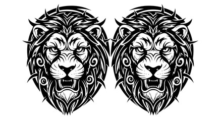 Obraz premium Two Roaring Lion Heads in Detailed Tribal Tattoo Style.