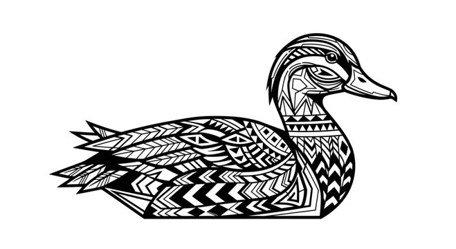 Intricate Zentangle Duck Art Black and White Illustration.