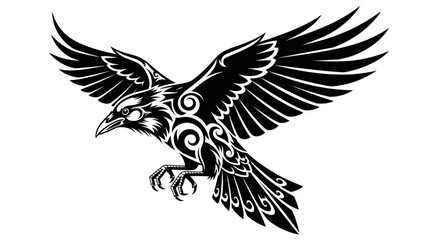 Obraz premium Stylized black raven with intricate tribal patterns in flight.