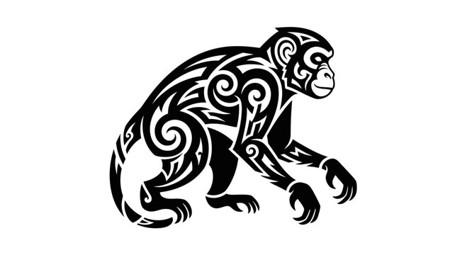 Tribal Monkey Tattoo Design Black and White Illustration.