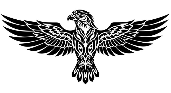 Majestic tribal eagle with spread wings in black and white.