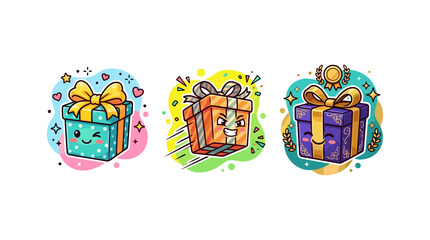Naklejka premium Set of three cute cartoon gift boxes with different facial expressions and decorative colors.