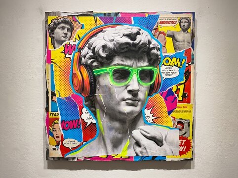 Pop art collage of Michelangelo David statue wearing neon green glasses and orange headphones