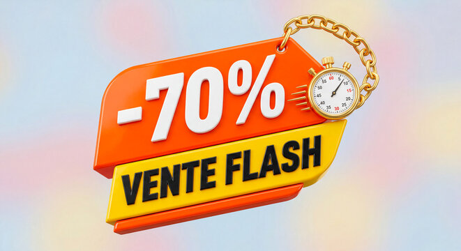 Dynamic 3D Glossy Orange and Yellow Tag with "-70% VENTE FLASH" Text