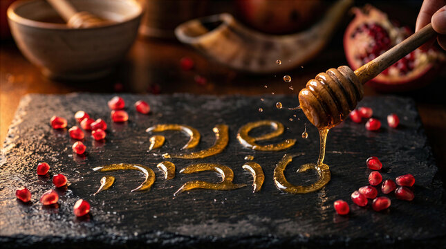 Rosh Hashanah Greeting: Honey Dipper Writing Shana Tova in Golden Honey on Black Slate with Pomegranate Seeds and Shofar Background