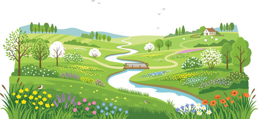 Spring landscape vector illustration with winding river blooming trees farmhouse and wildflower meadow for eco tourism banner or greeting card background © AdhinChandra