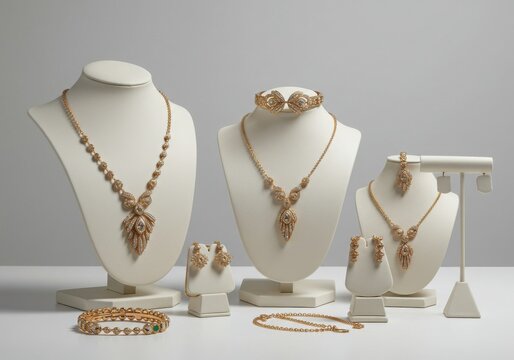 Exquisite diamond and gold jewelry sets displayed on mannequins