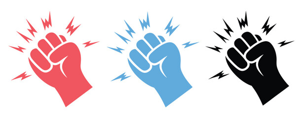 Fist hitting outline, knocking fist icon collection with impact motion lines, human hand gesture, colorful outline variations, door knocking symbol, and modern interface graphics. Vector  © 000. Mizu