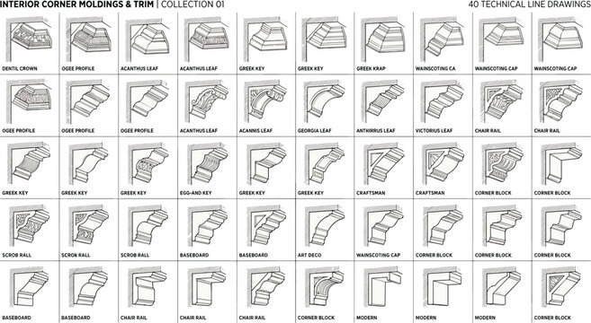 Architectural Interior Corner Moldings and Trim Collection Featuring Technical Line Drawings of Crown Profiles Baseboards Chair Rails and Classic Decorative Cornice Vectors