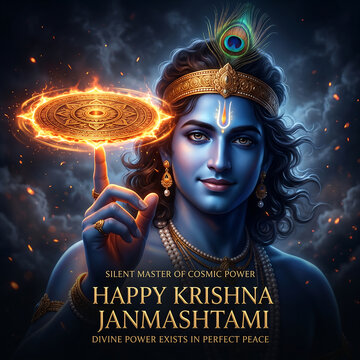 Krishna holds a glowing discus on dark background