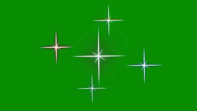 Cute white cartoon star blinking animation, 2D flat vector doodle sparkle, magic shining starlight burst, festive holiday starry sky overlay loop on green screen background. 4K video asset video