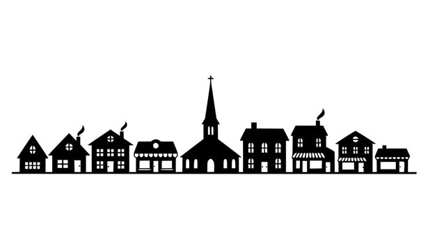 Black Town Skyline Silhouette Vector with Historic Buildings and Church Spire