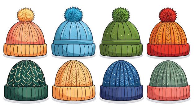 Colorful knitted winter hats with pom poms.