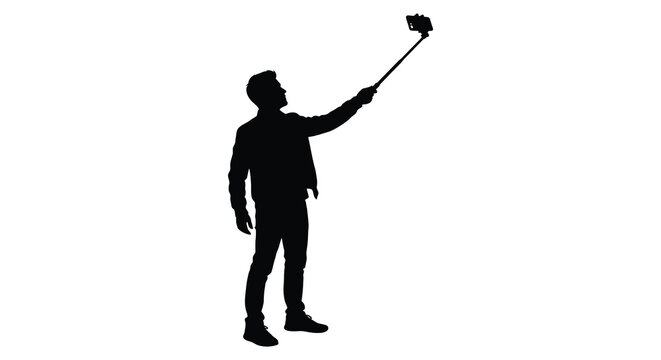 Man Taking Selfie With Smartphone And Monopod Black Silhouette